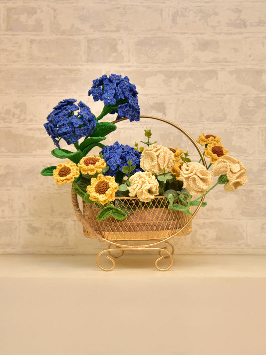 Floral Arrangement_Charm Your space Blue Hydrangeas Sunflowers cream carnations