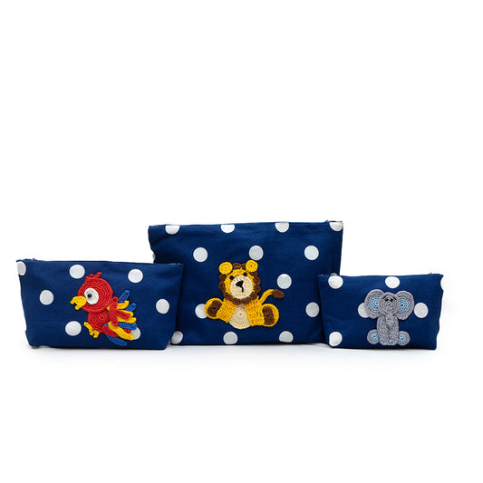 Cotton Storage Pouch Animals Dark Blue set of 3