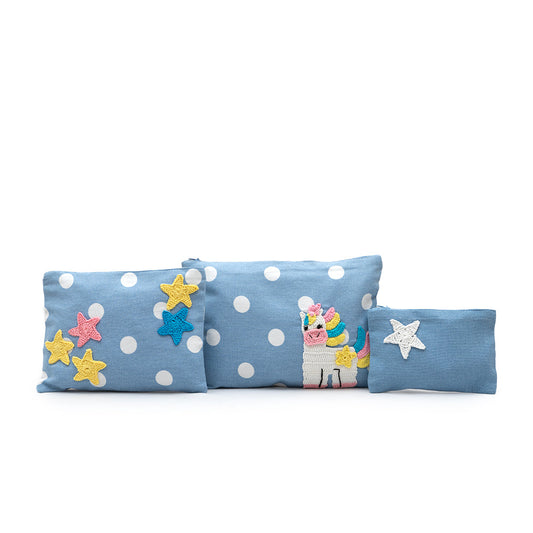 Cotton Storage Pouch Unicorn N stars Dark Blue set of 3