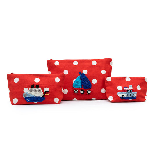 Cotton Storage Pouch Boats Red set of 3